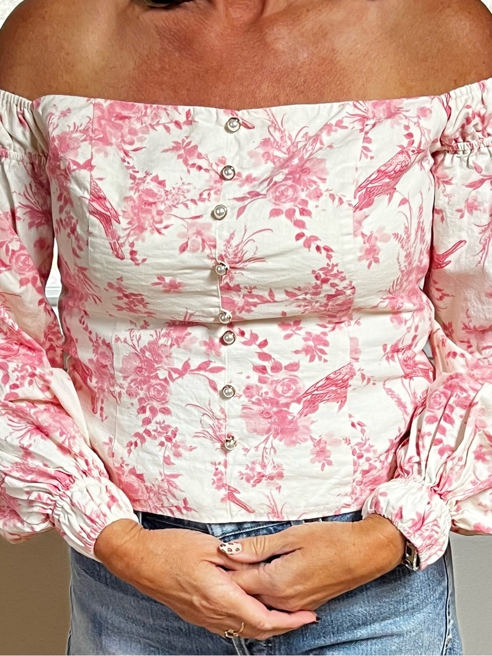 MAJORELLE White and Pink Floral Off-Shoulder Puff Sleeve Top